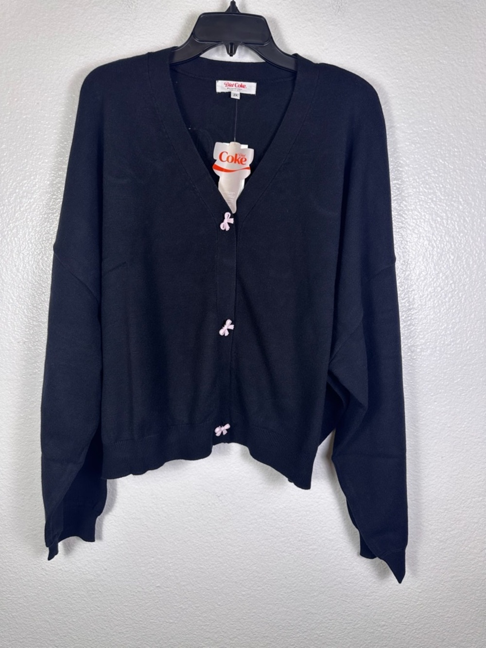 Diet Coke Women's Bow Embroidered Logo Cardigan Sweater Black Plus 2X